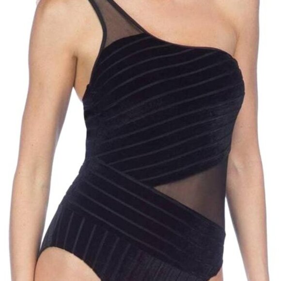 Kenneth Cole Black Sultry Velvet One Shoulder Swimsuit Medium One-piece Bathing - Picture 2 of 15
